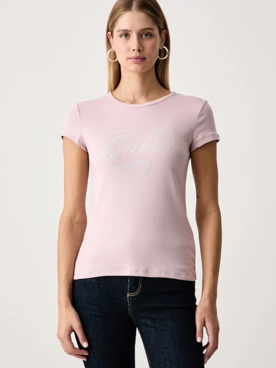Zdjęcie produktu Guess T-shirt damski bawełniany z elastanem AMALIA różowy