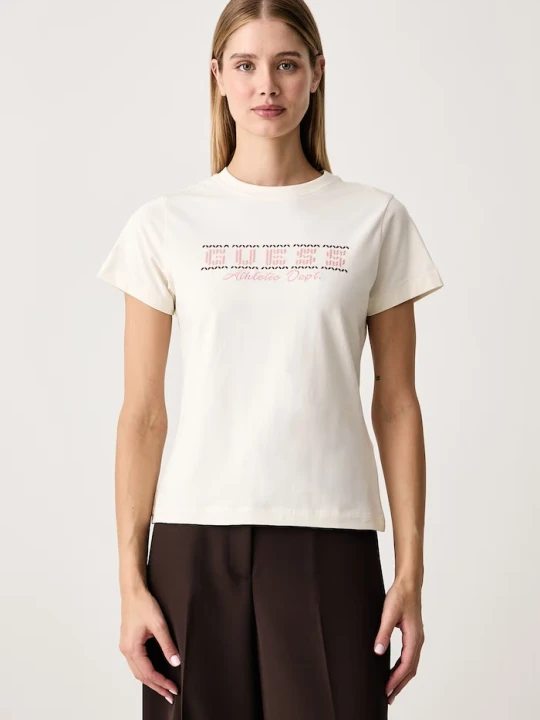 Zdjęcie produktu Guess T-shirt damski bawełniany z elastanem FABRIZIA beżowy