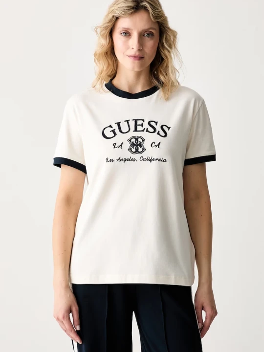 Zdjęcie produktu Guess T-shirt damski bawełniany z elastanem HOSHI beżowy