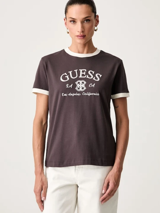 Zdjęcie produktu Guess T-shirt damski bawełniany z elastanem HOSHI brązowy
