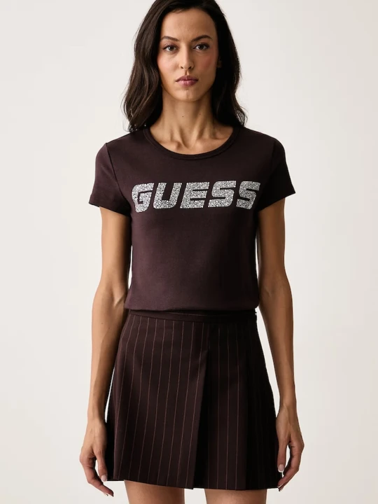 Zdjęcie produktu Guess T-shirt damski bawełniany z elastanem KIARA brązowy