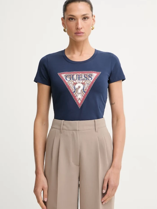 Zdjęcie produktu Guess T-shirt damski bawełniany z elastanem PAISLEY granatowy