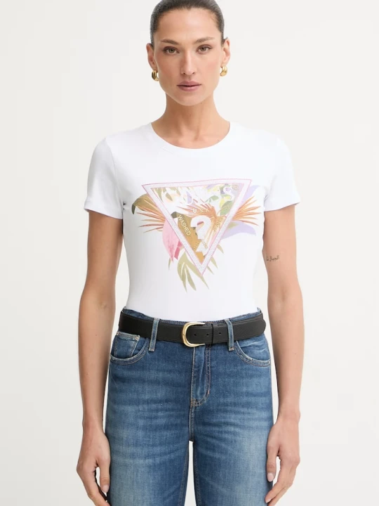 Zdjęcie produktu Guess T-shirt damski bawełniany z elastanem PALM biały