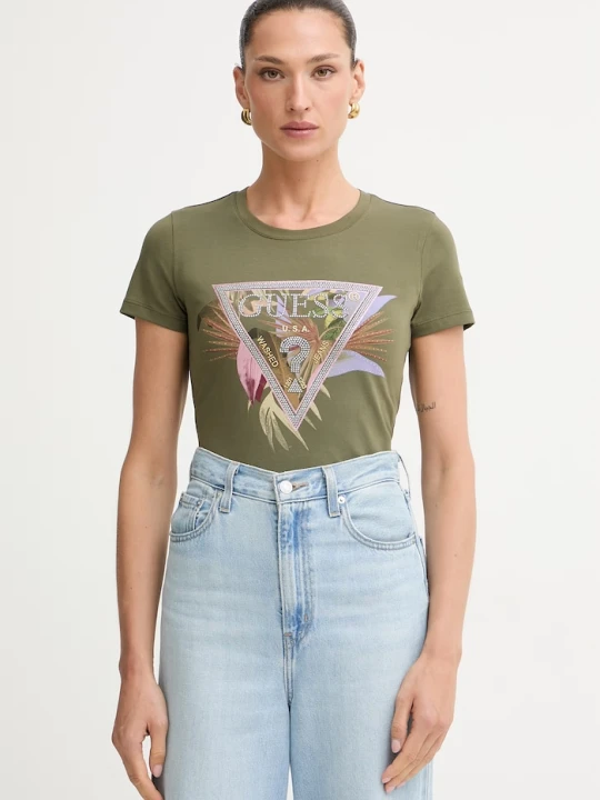 Zdjęcie produktu Guess T-shirt damski bawełniany z elastanem PALM zielony