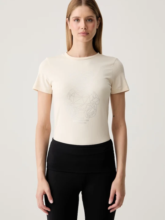 Zdjęcie produktu Guess T-shirt damski bawełniany z elastanem ROMY beżowy