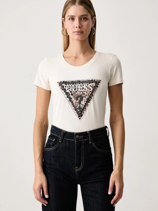 Zdjęcie produktu Guess T-shirt damski bawełniany z elastanem SAVANNA beżowy