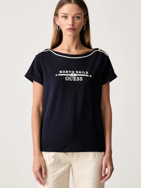 Zdjęcie produktu Guess T-shirt damski bawełniany z elastanem X NORTH SAILS granatowy