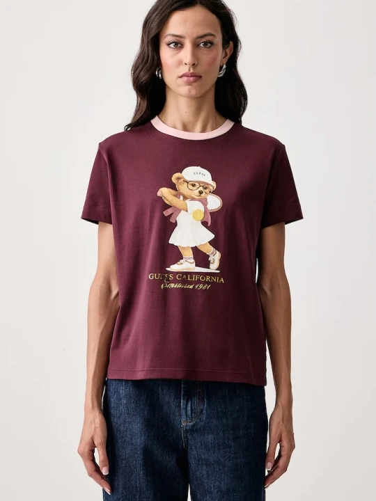 Zdjęcie produktu Guess T-shirt damski z bawełną bordowy