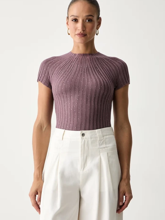 Zdjęcie produktu Guess T-shirt damski z wiskozą fioletowy