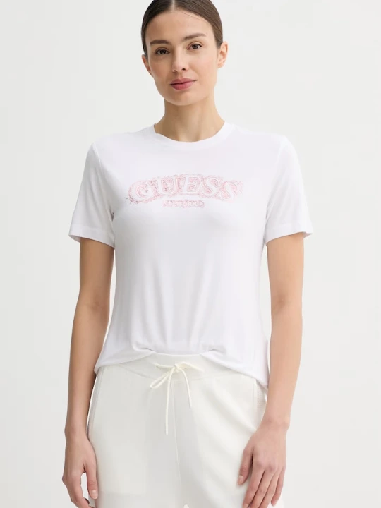 Zdjęcie produktu Guess t-shirt damski z wiskozy LEONA biały