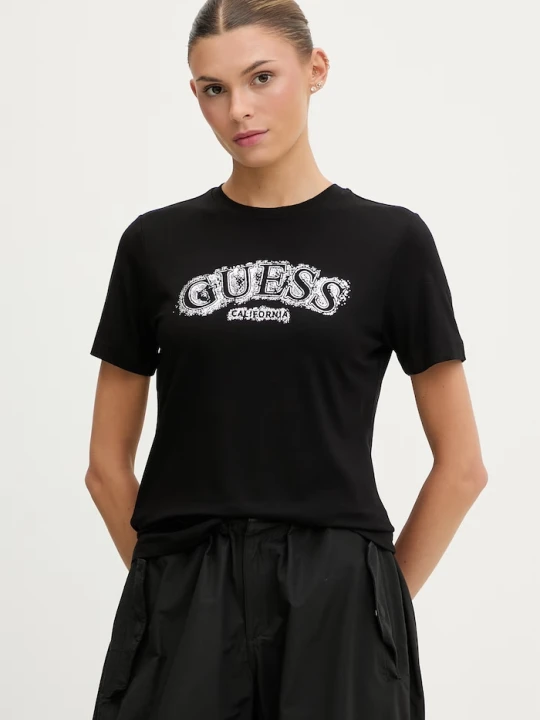 Zdjęcie produktu Guess t-shirt damski z wiskozy LEONA czarny