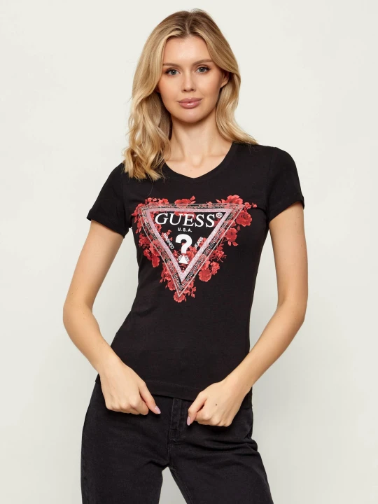 Zdjęcie produktu GUESS T-shirt FLOWERS | Slim Fit czarny