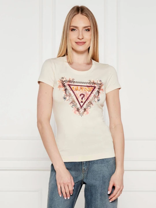 Zdjęcie produktu GUESS T-shirt FLOWERS | Slim Fit ecru