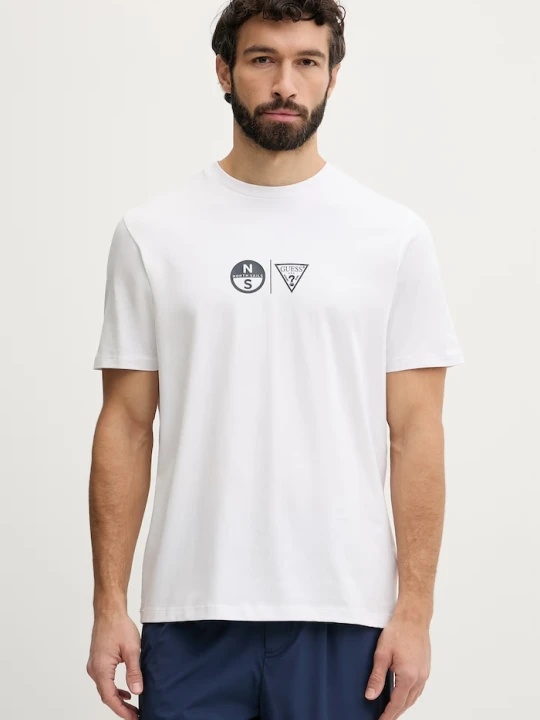 Zdjęcie produktu Guess t-shirt męski bawełniany z elastanem x North Sails biały