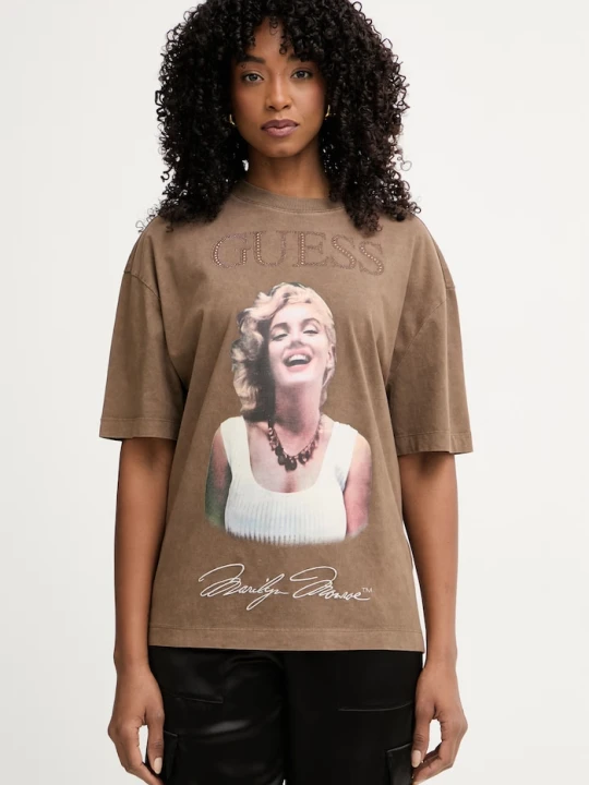 Zdjęcie produktu Guess t-shirt oversize damski bawełniany MARILYN MONROE brązowy