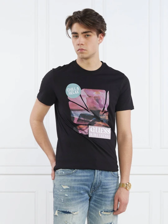 Zdjęcie produktu GUESS T-shirt SUNSET FLOWER | Slim Fit czarny