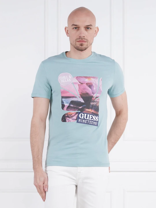 Zdjęcie produktu GUESS T-shirt SUNSET FLOWER | Slim Fit niebieski