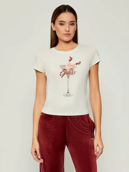 Zdjęcie produktu GUESS T-shirt TINI BOOTS ESPRESSO | Slim Fit ecru
