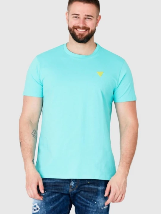 Zdjęcie produktu GUESS Turkusowy t-shirt męski z żółtym logo, Rozmiar S Niebieski