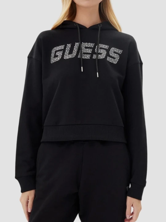 Zdjęcie produktu GUESS Сzarna bluza z kapturem damska z cyrkoniami Primula, Rozmiar L Czarny