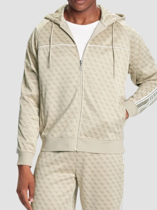 Zdjęcie produktu GUESS Beżowa rozpinana męska bluza w monogram z lampasami i kapturem Parimo 4G, Rozmiar M