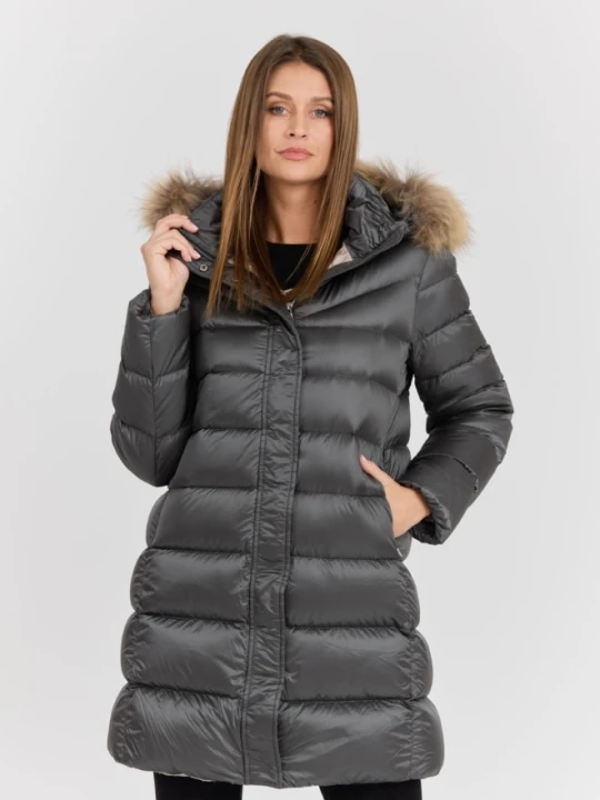 Zdjęcie produktu HETREGO Szara damska kurtka puchowa Leonie Quilted Woman Jacket With Detached Hood, Rozmiar 38 EU - 42 IT Hetregó