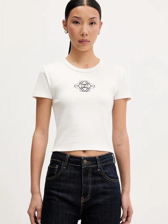 Zdjęcie produktu HUGO crop top damski z bawełną Delanor_4 beżowy