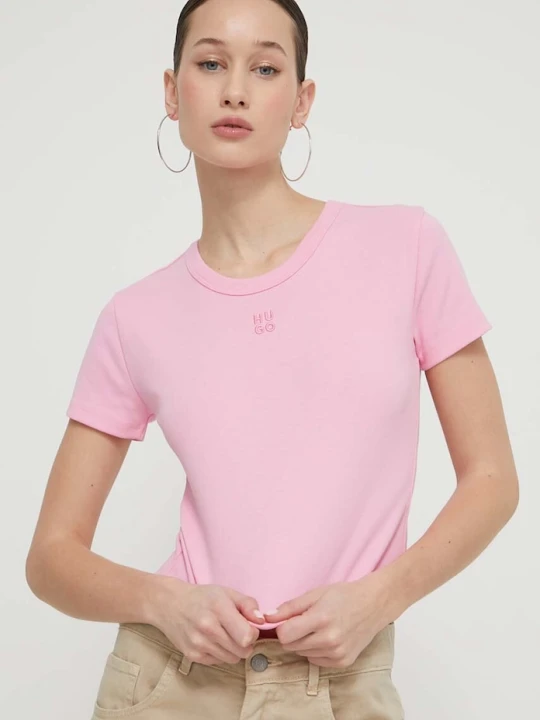 Zdjęcie produktu HUGO crop top damski z bawełną Delanor różowy