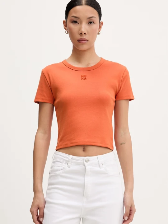 Zdjęcie produktu HUGO crop top damskie z bawełną Delanor pomarańczowy