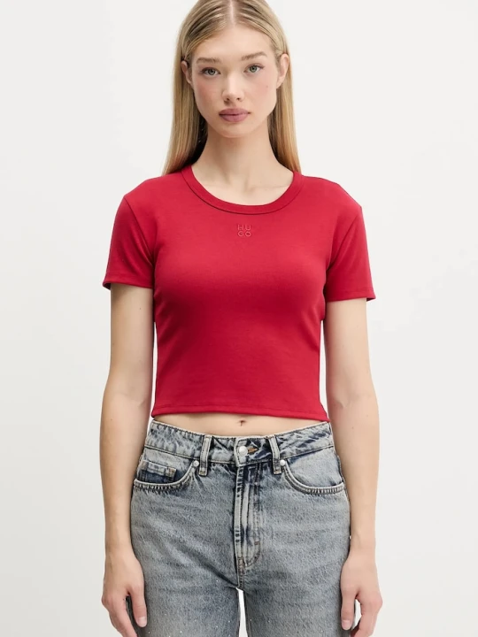 Zdjęcie produktu HUGO crop top damski z bawełną Delanor czerwony