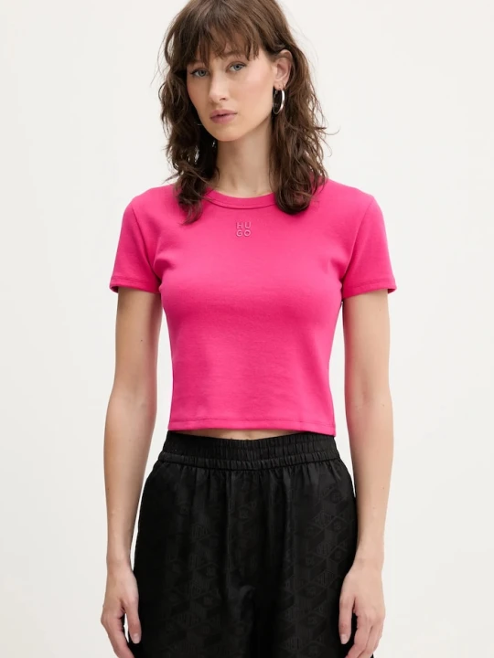 Zdjęcie produktu HUGO crop top damski z bawełną Delanor różowy