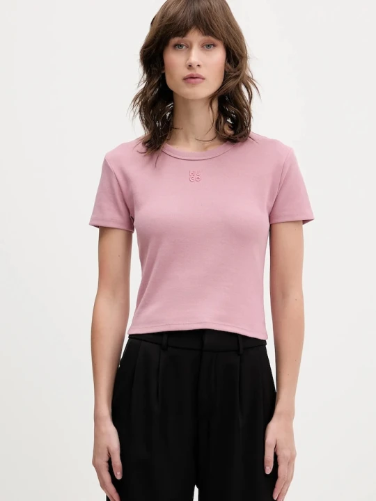 Zdjęcie produktu HUGO crop top damski z bawełną Delanor różowy