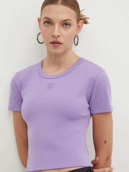 Zdjęcie produktu HUGO crop top damski z bawełną Delanor fioletowy