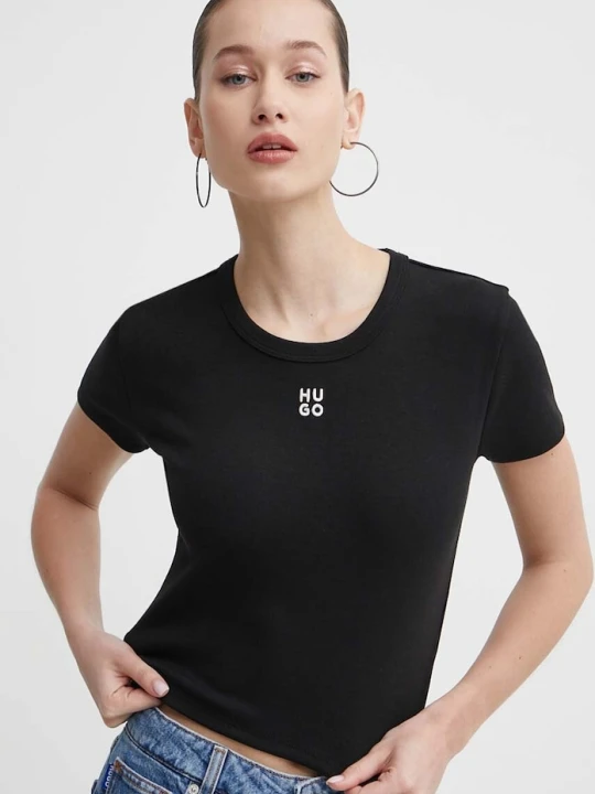 Zdjęcie produktu HUGO crop top damski z bawełną Delanor czarny
