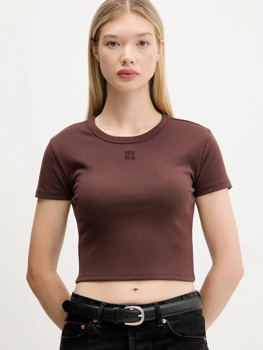 Zdjęcie produktu HUGO crop top damski z bawełną Delanor brązowy