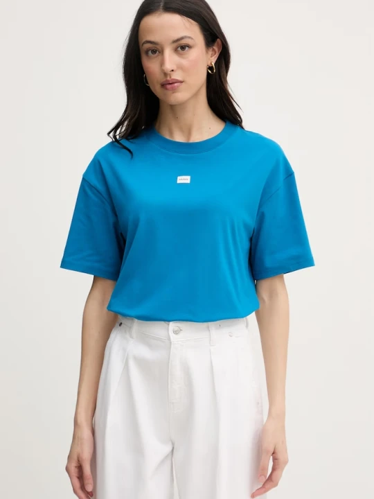 Zdjęcie produktu HUGO T-shirt oversize damski z modalem SIGNATURE_TSHIRT niebieski