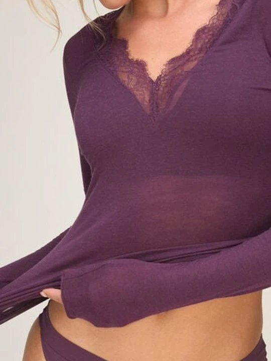 Zdjęcie produktu Hunkemöller Super miękka koszulka z koronką i dekoltem w serek z dodatkiem kaszmiru Fioletowy