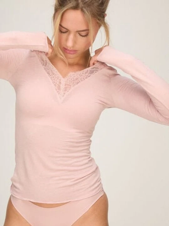 Zdjęcie produktu Hunkemöller Super miękka koszulka z koronką i dekoltem w serek z dodatkiem kaszmiru Różowy