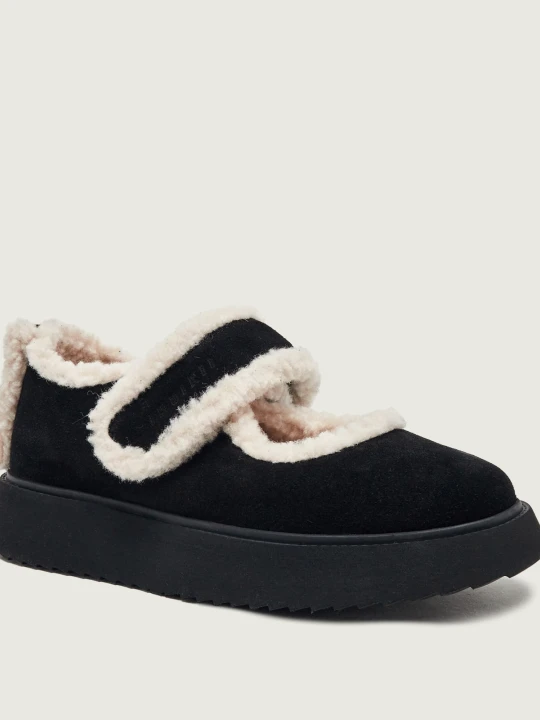 Zdjęcie produktu INUIKII Ocieplane baleriny Mary Jane | zamsz | shearling czarny