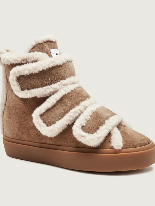 Zdjęcie produktu INUIKII Ocieplane botki na koturnie Velcro Wedge | zamsz | shearling | z dodatkiem wełny beżowy