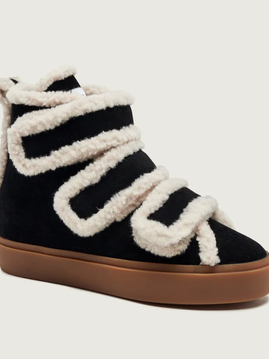Zdjęcie produktu INUIKII Ocieplane botki na koturnie Velcro Wedge | zamsz | shearling | z dodatkiem wełny czarny