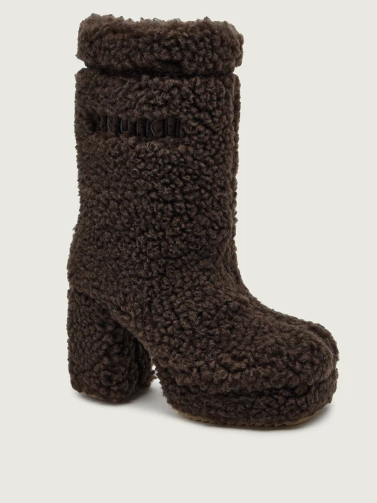 Zdjęcie produktu INUIKII Wełniane kozaki na słupku CURLY HIGH | z dodatkiem skóry | shearling brązowy