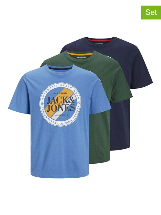 Zdjęcie produktu Jack & Jones Koszulki (3 szt.) w kolorze oliwkowo-granatowo-błękitnym rozmiar: L
