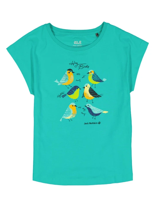 Zdjęcie produktu Jack Wolfskin Koszulka "Tweeting Birds" w kolorze turkusowym rozmiar: 116