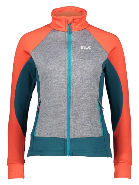 Zdjęcie produktu Jack Wolfskin Kurtka polarowa "Sky Peak" w kolorze pomarańczowo-turkusowo-szarym rozmiar: S
