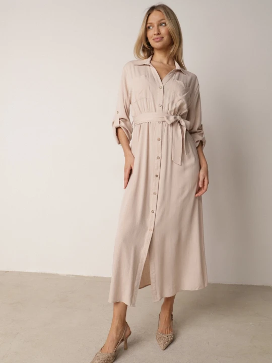 Zdjęcie produktu Jasnobeżowa Bawełniana Sukienka Koszulowa w Stylu Safari z Wiązanym Paskiem Atusea M&d Fashion Beżowy