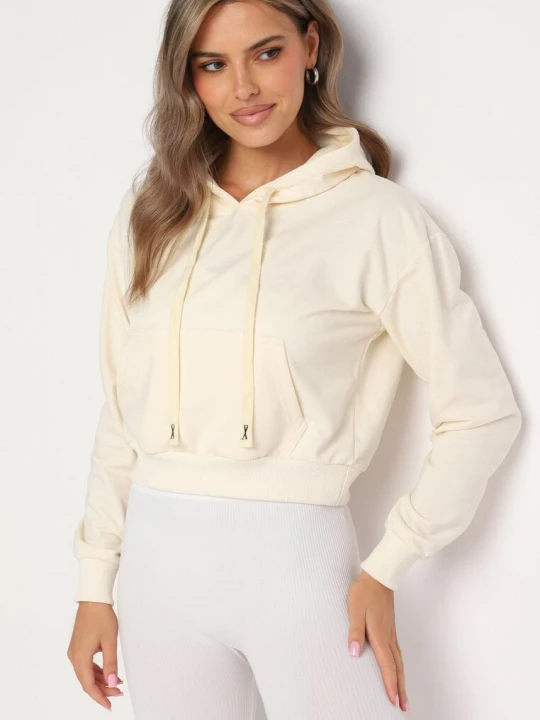 Zdjęcie produktu Jasnobeżowa Bluza z Dodatkiem Bawełny z Kapturem Wykończona Ściągaczami Evista J.style Beżowy