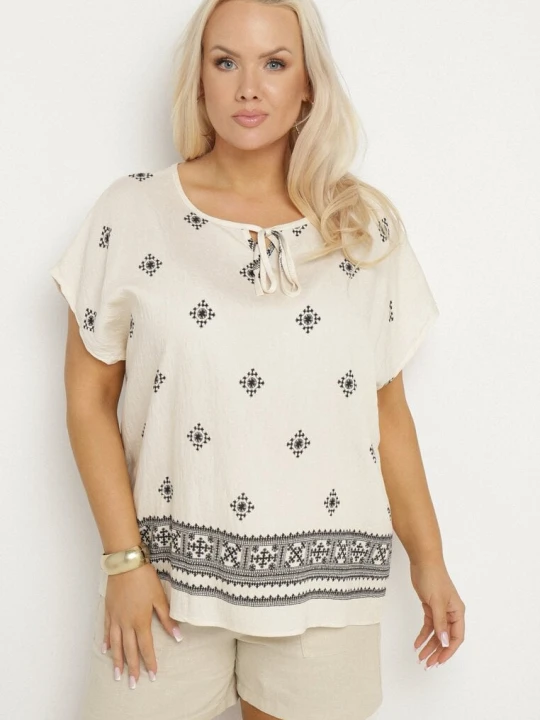 Zdjęcie produktu Jasnobeżowa Bluzka ze Wzorem w Stylu Boho Frolzedi J&x Beżowy