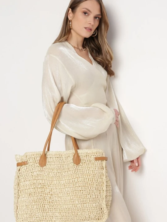 Zdjęcie produktu Jasnobeżowa Duża Torebka Tote Plażowa z Plecionki w Stylu Boho Delmirra Beżowy