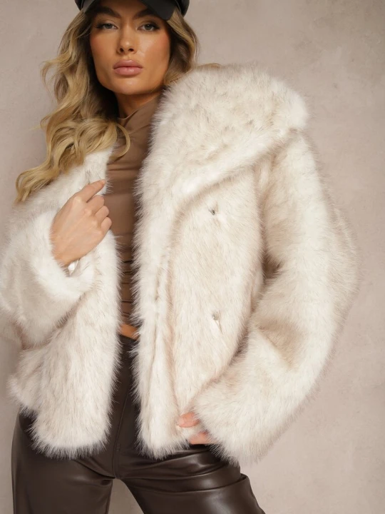 Zdjęcie produktu Jasnobeżowa Elegancka Kurtka Futerko z Kołnierzem Vertirida Belcci Beżowy